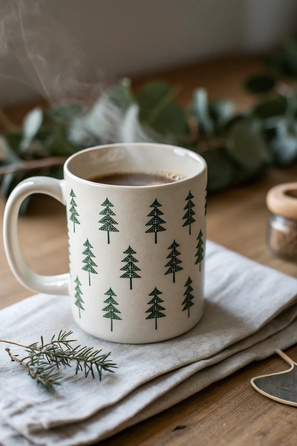 Minimalist tree silhouettes wrap a cozy mug for simple Scandi Christmas charm at home.