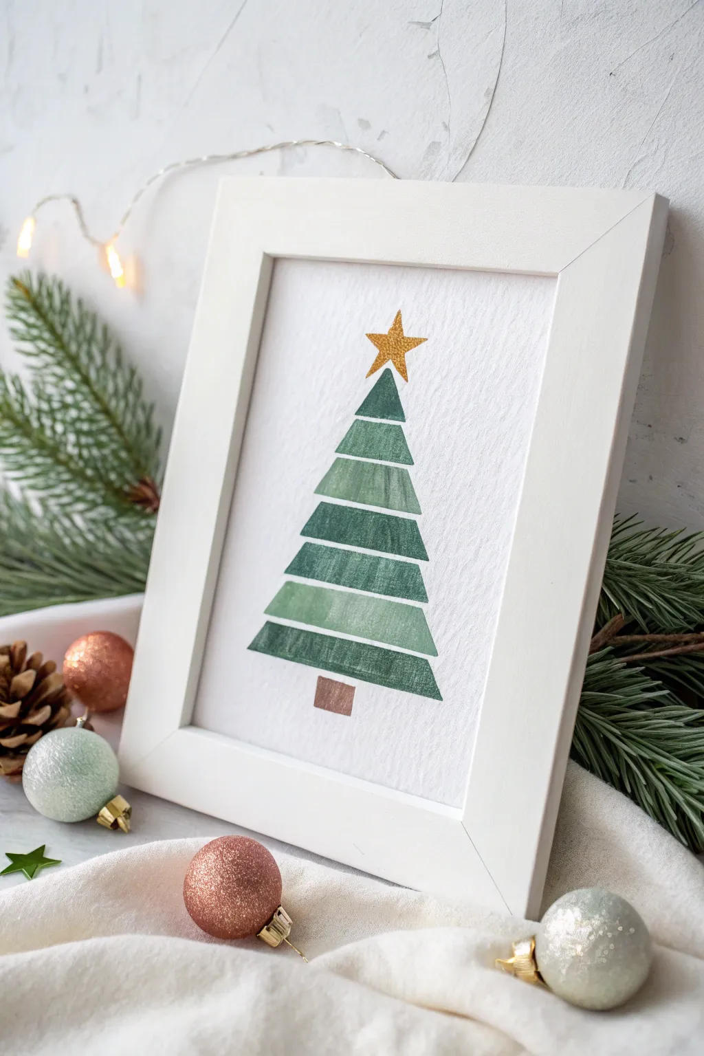Layered triangle evergreen with a golden star and dot ornaments, an easy minimalist Christmas paint idea.