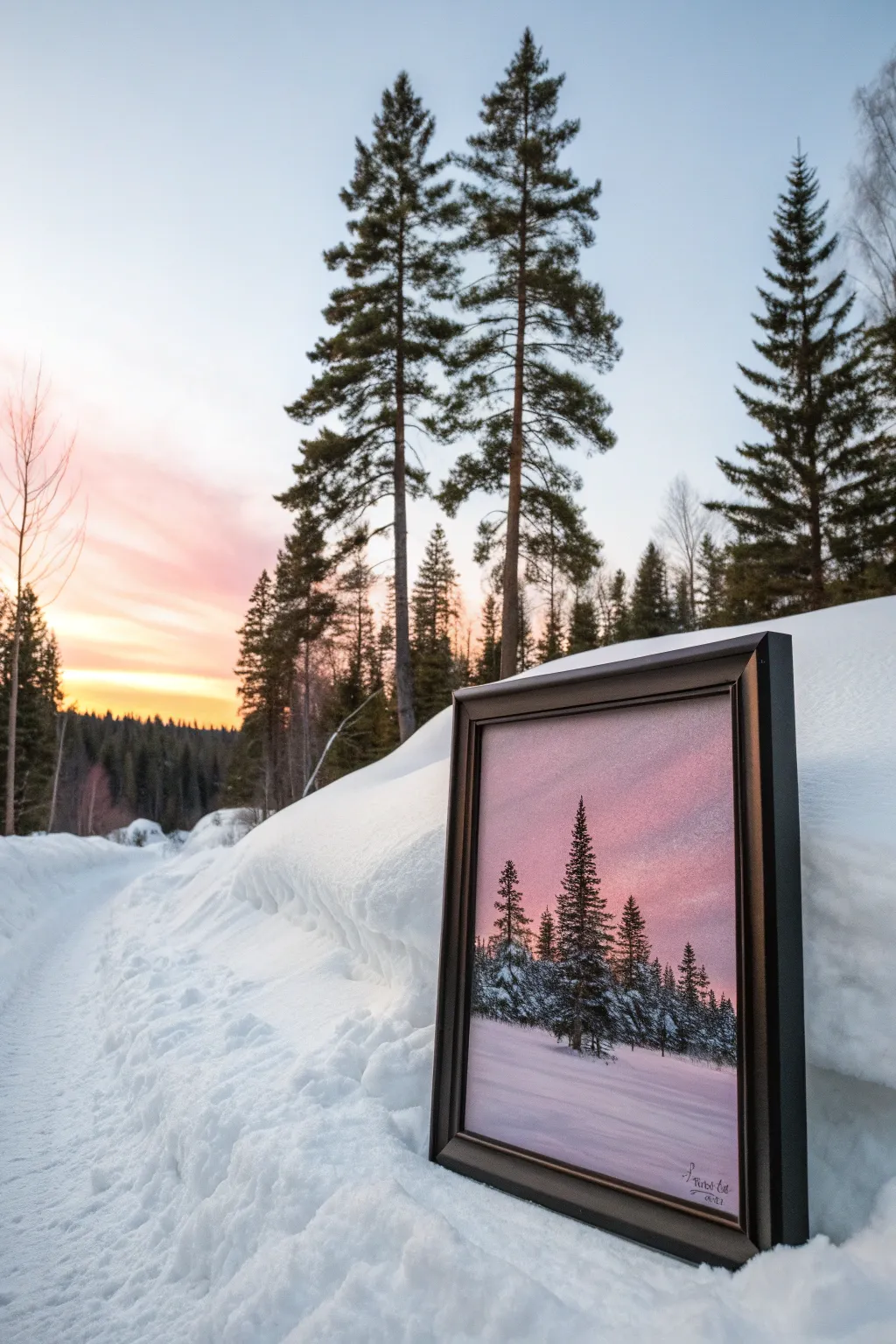 Snowy pines glowing in a pink-purple sunset, a calm beginner-friendly Christmas painting idea.