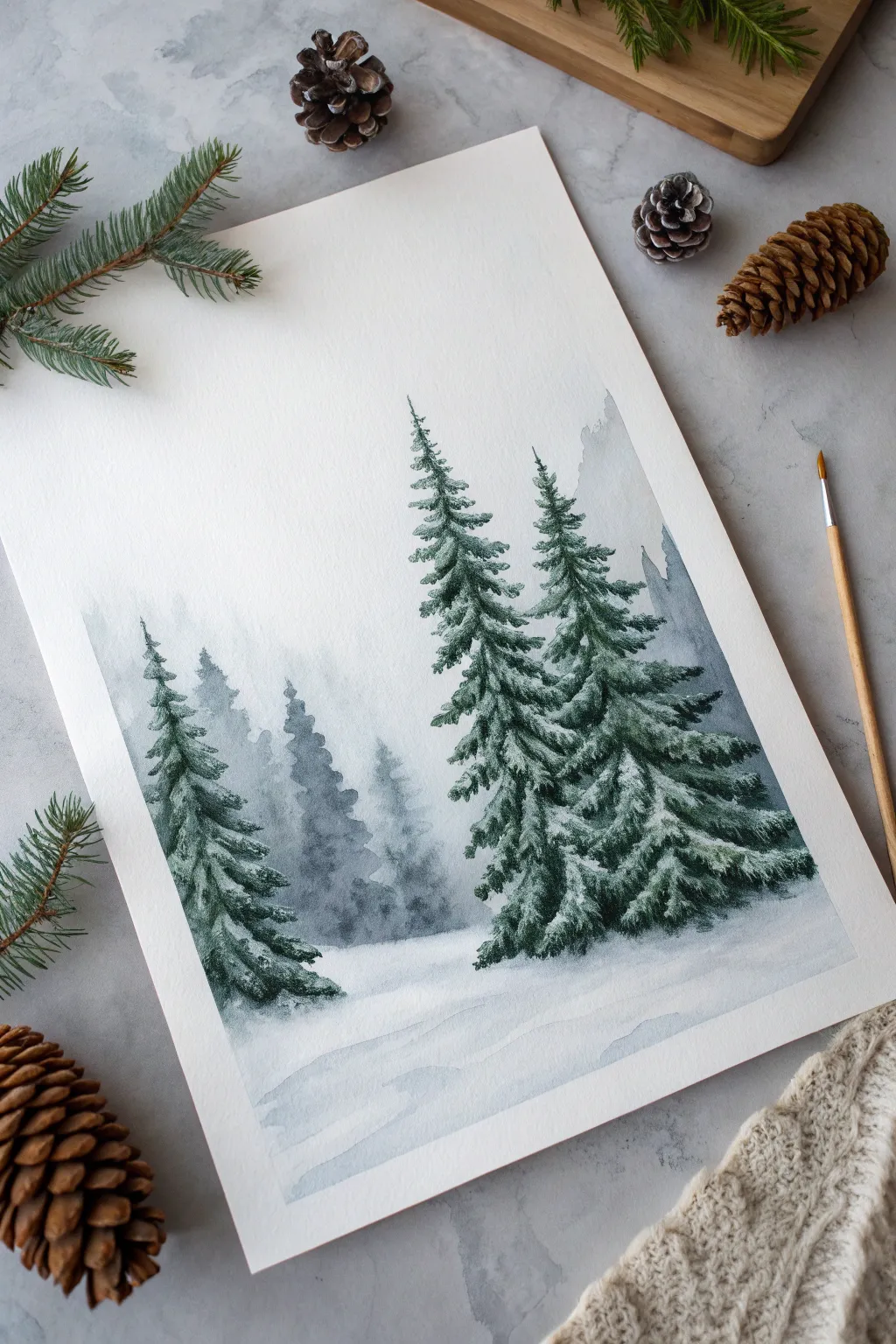 Embrace winter serenity with this minimalist snow-laden fir forest painting idea.