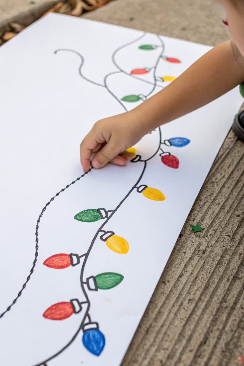 Minimal fingerprint Christmas lights on white paper, bright colors and cozy toddler craft detail