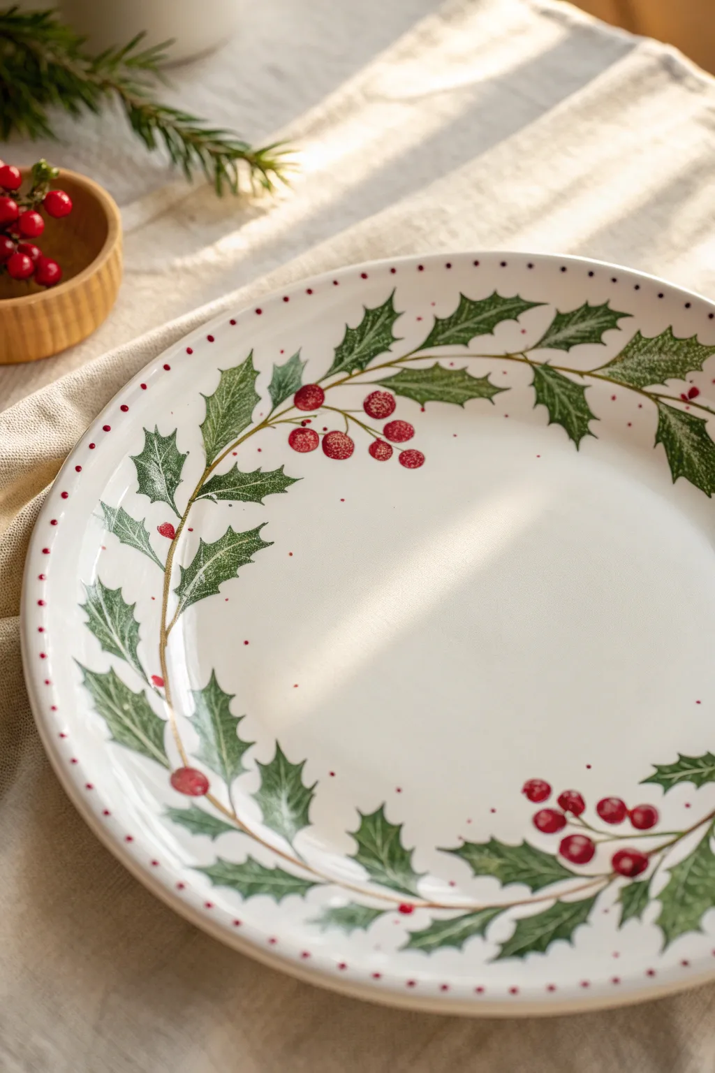 Holly and berry rim border on a minimalist white plate, festive yet clean and modern