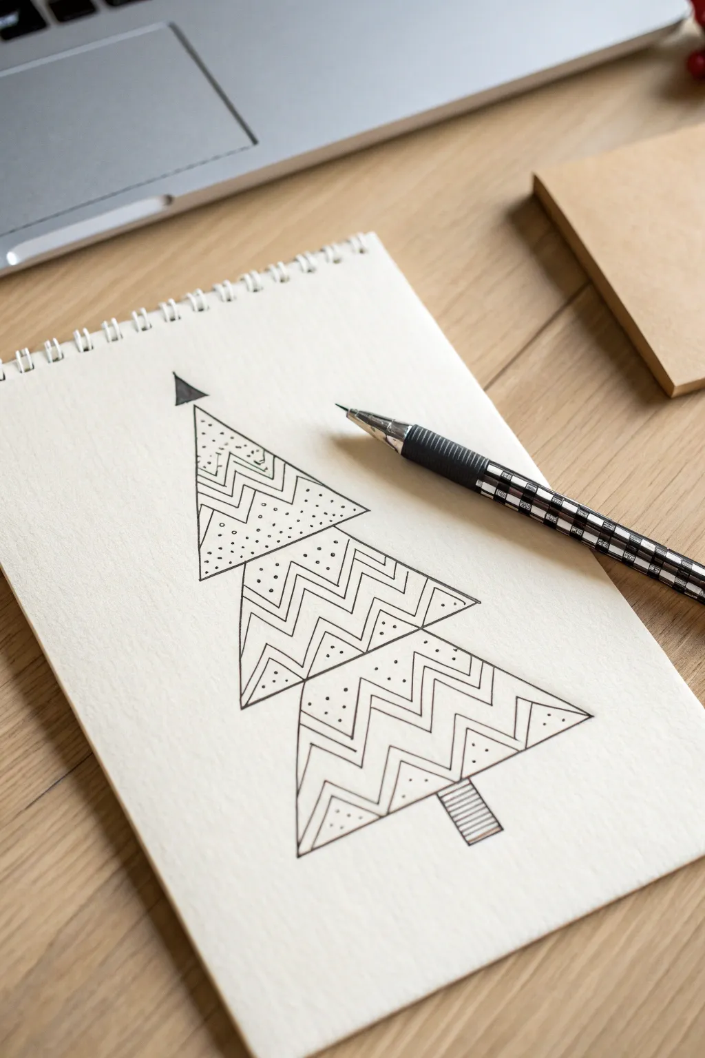 Turn simple triangles into zigzag pine layers for an elegant minimalist Christmas tree sketch.