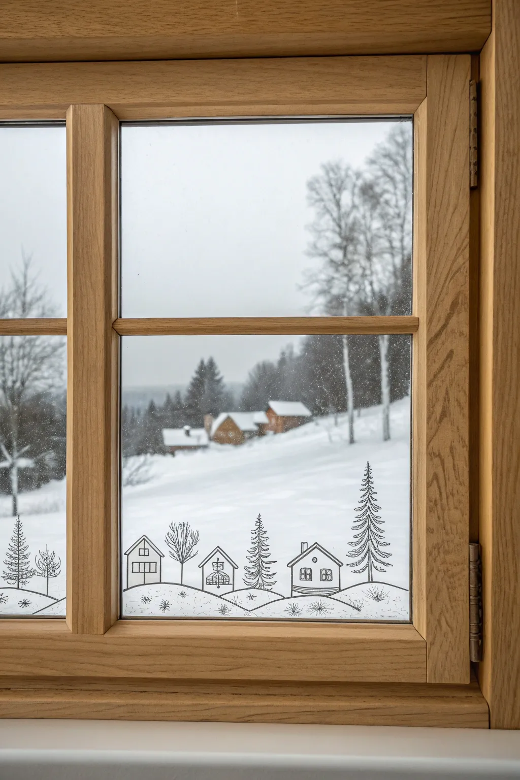 Minimal snowy village window border drawing idea, crisp lines and airy Scandinavian calm