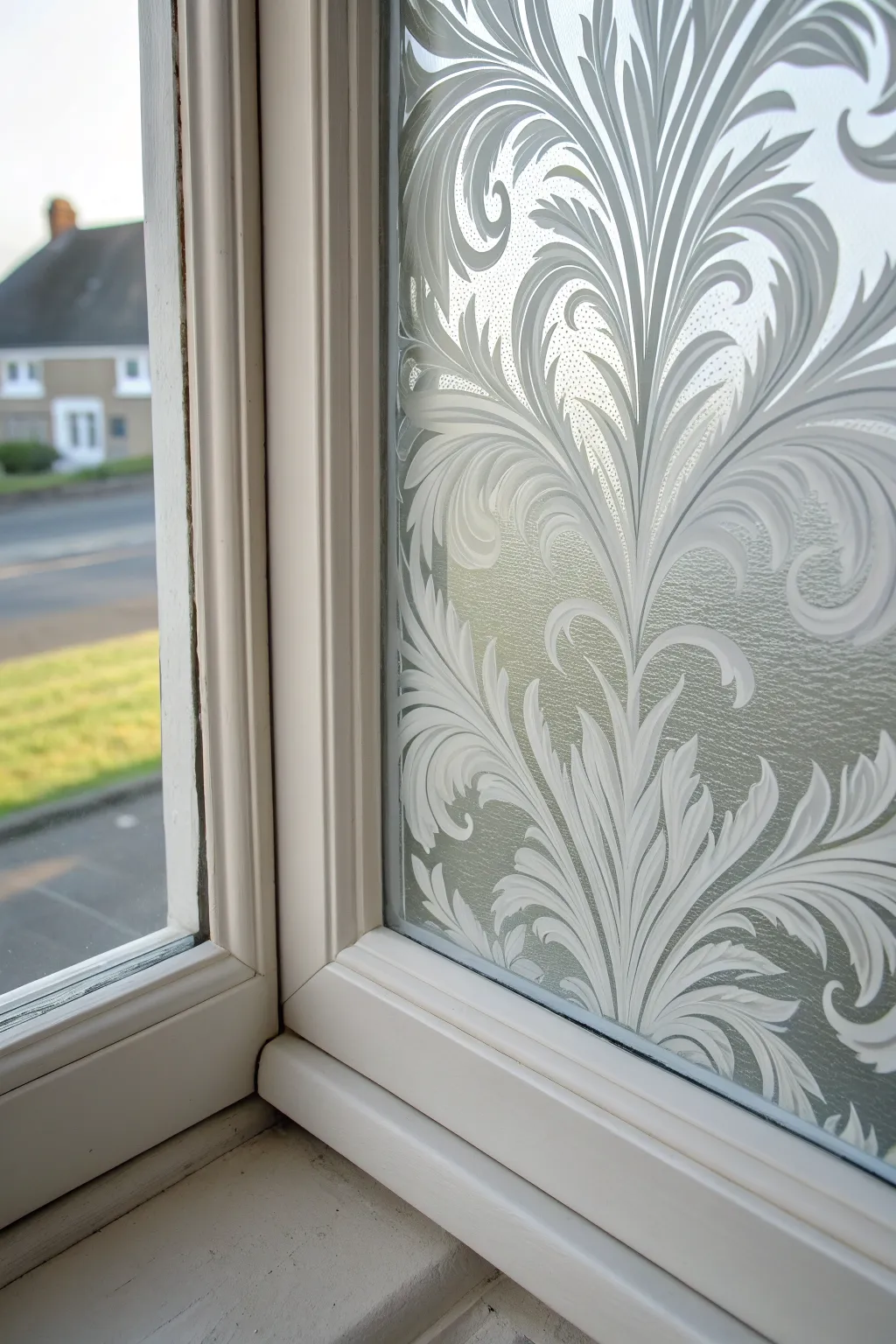 Frosted corner swirls that mimic etched glass, perfect for minimalist Christmas window painting