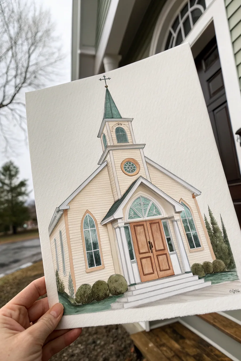 Front-facing symmetric chapel in calm neutrals, a minimalist reference for church painting practice