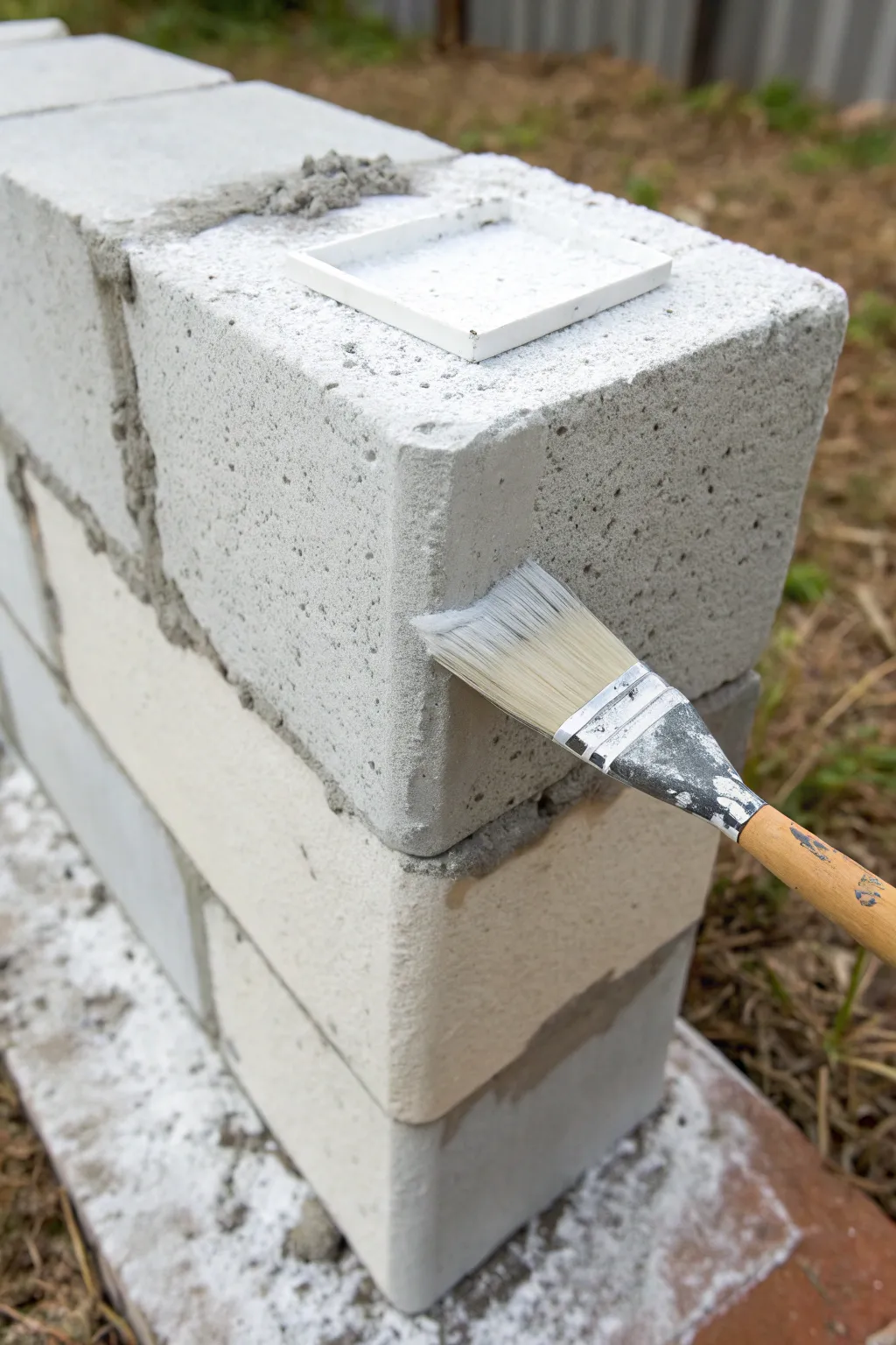 Soft whitewashed cinder block close-up with visible texture, brush, and a small test patch