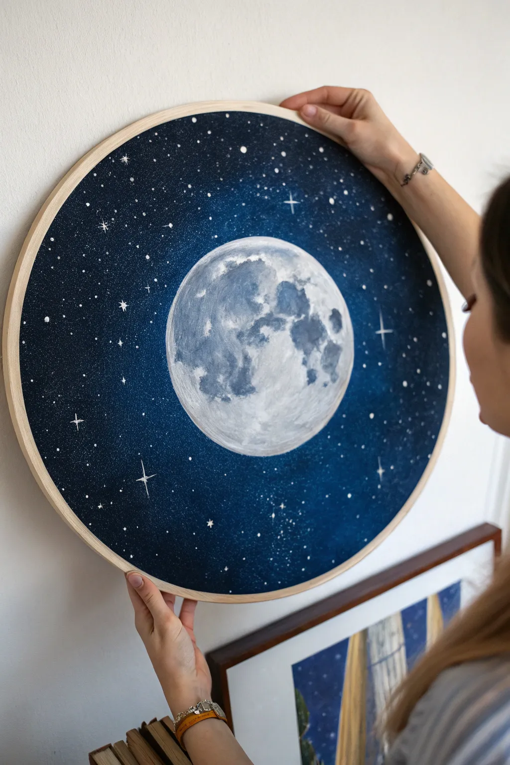 Full Moon night sky on a round canvas, minimal yet magical with crisp contrast and soft glow