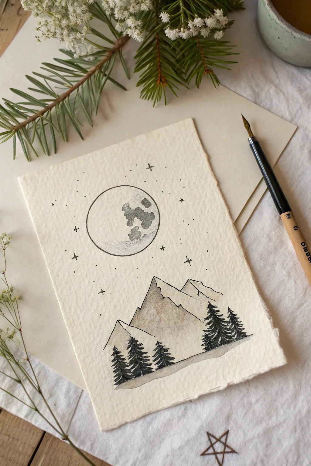 Circle drawing idea: bold mountain silhouette under a full moon, minimalist Nordic contrast.