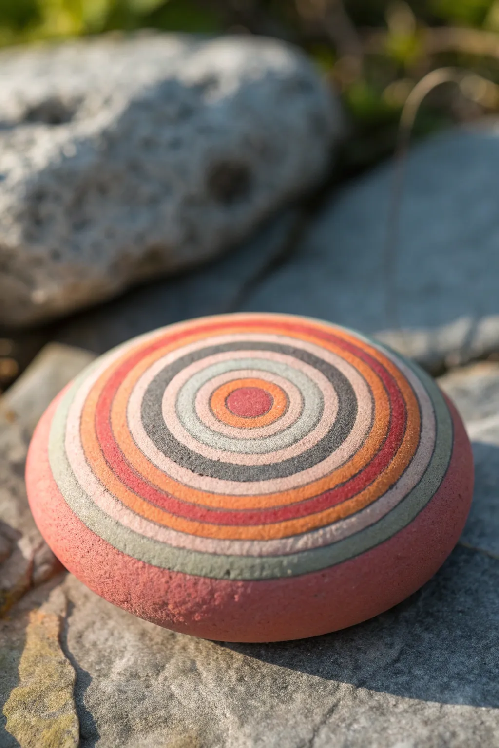 Satisfying concentric color bands on a single smooth rock, bright center to deep outer rings.