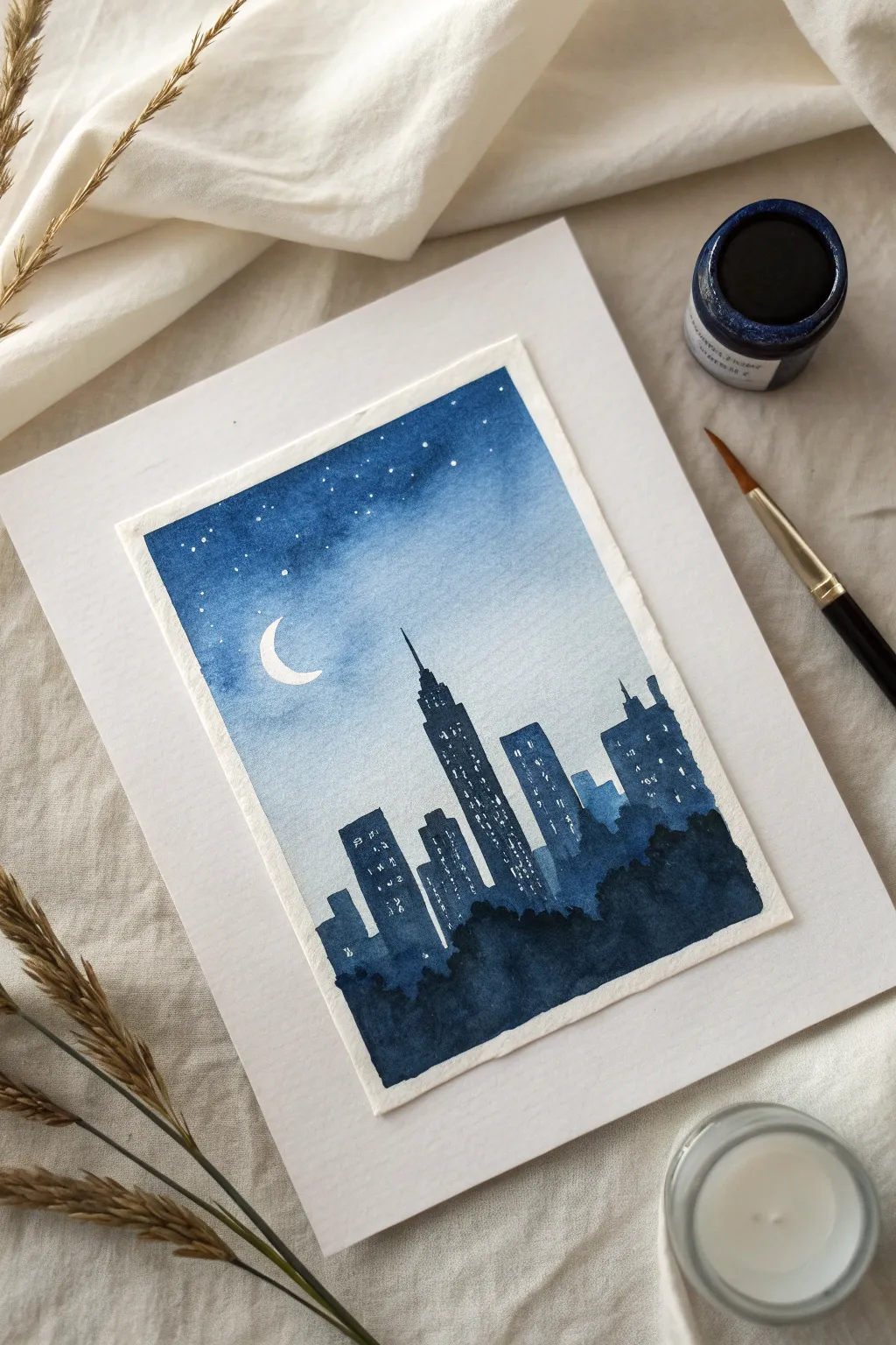 Paint a velvety twilight skyline and let warm window lights sparkle against deep blue.