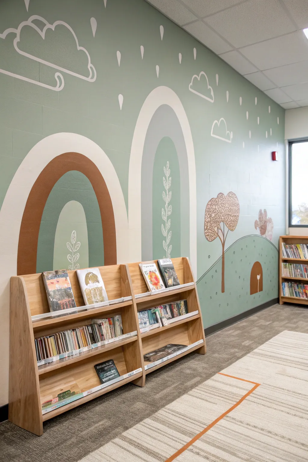 Soft arches on a sage accent wall turn a classroom reading corner into a calm retreat