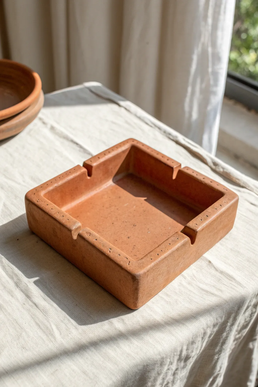 Clean slab clay ashtray with corner rests, soft curves and crisp minimalist geometry
