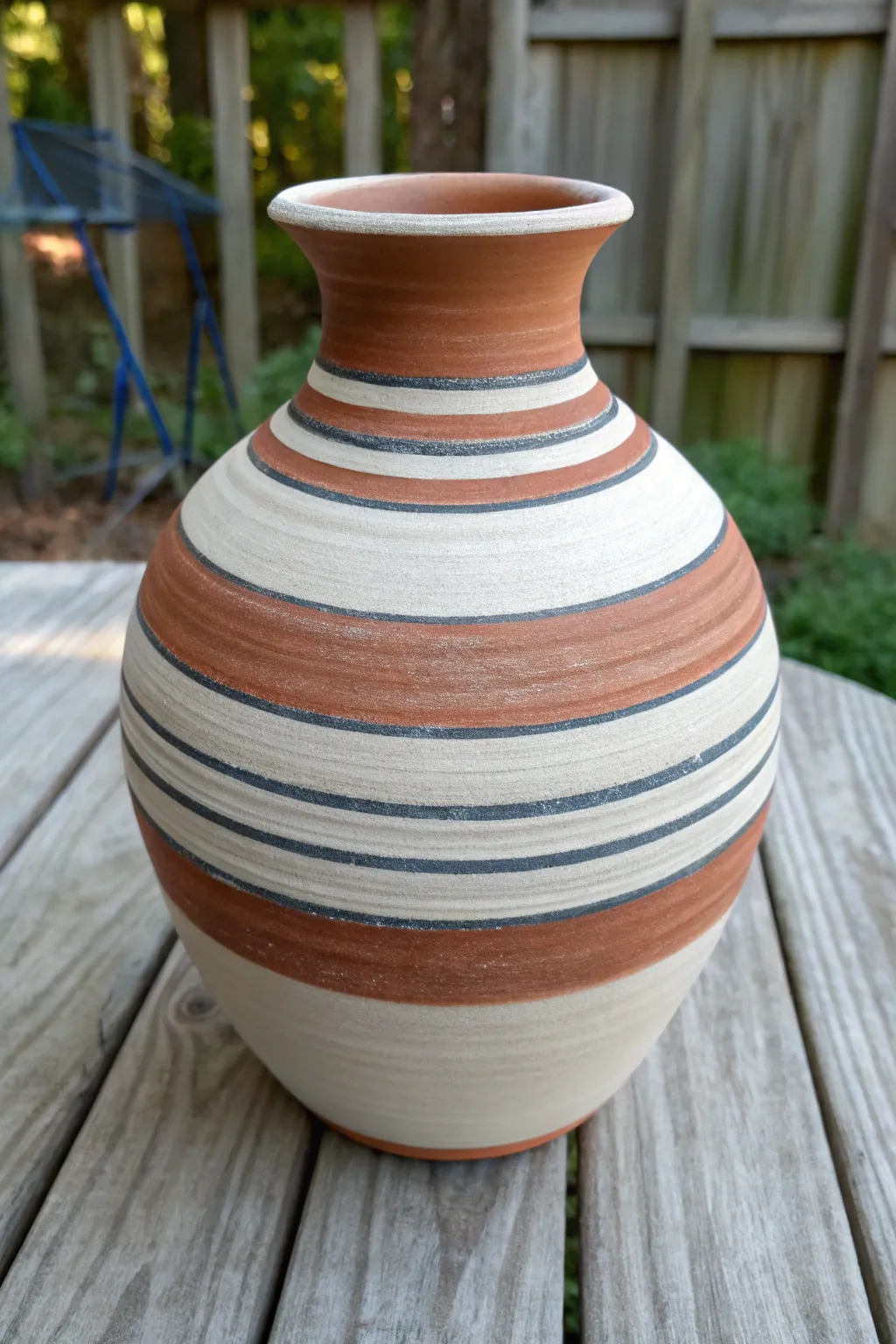 Clean tape lines reveal crisp striped bands on a handcrafted clay vase in calm Scandinavian tones.