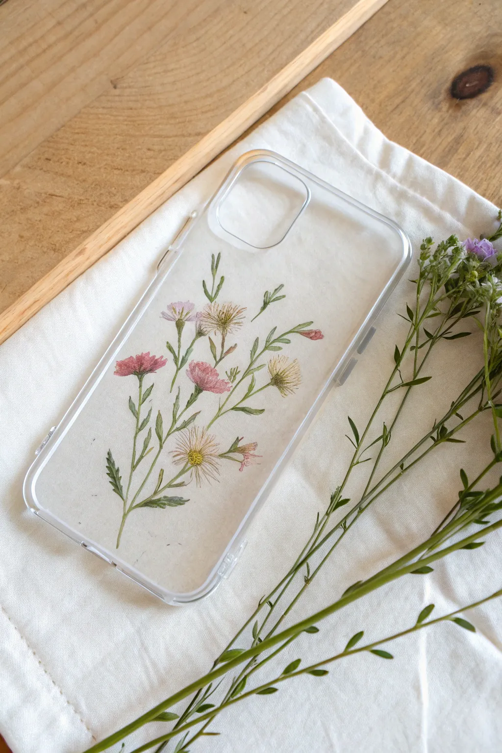 Clear case with a tiny wildflower bouquet corner, minimal, airy, and easy to recreate