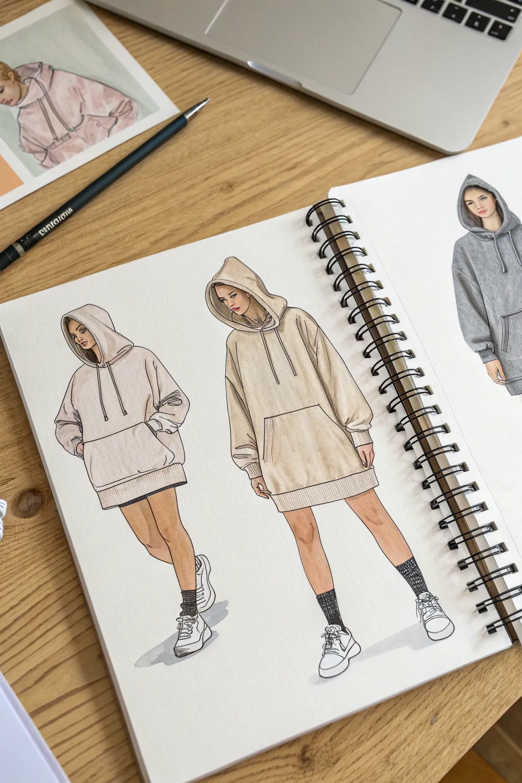 Oversized hoodie comfort look sketches in soft neutrals, minimalist lines and cozy proportions