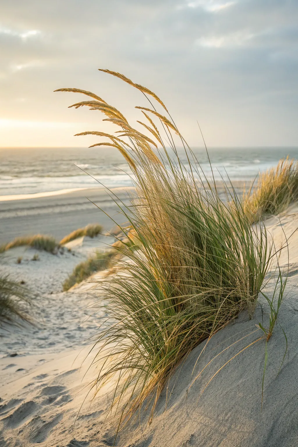 Wind-swept dune grass in crisp focus, ocean haze behind for calm coastal inspiration.
