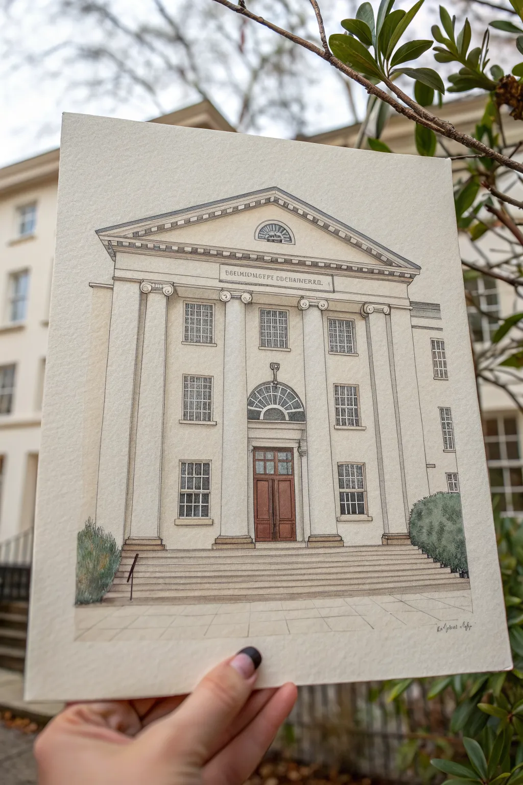 Front-facing college facade sketch idea with columns and symmetry in calm minimalist boho style