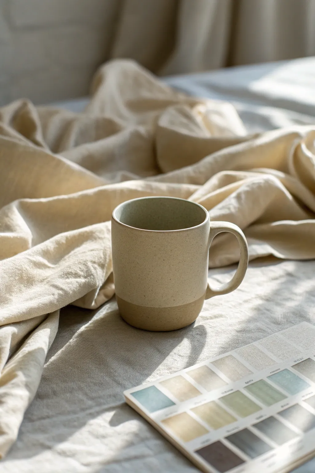 Airy neutrals in ivory, warm gray, taupe, and soft sage for a calm, breathable palette.