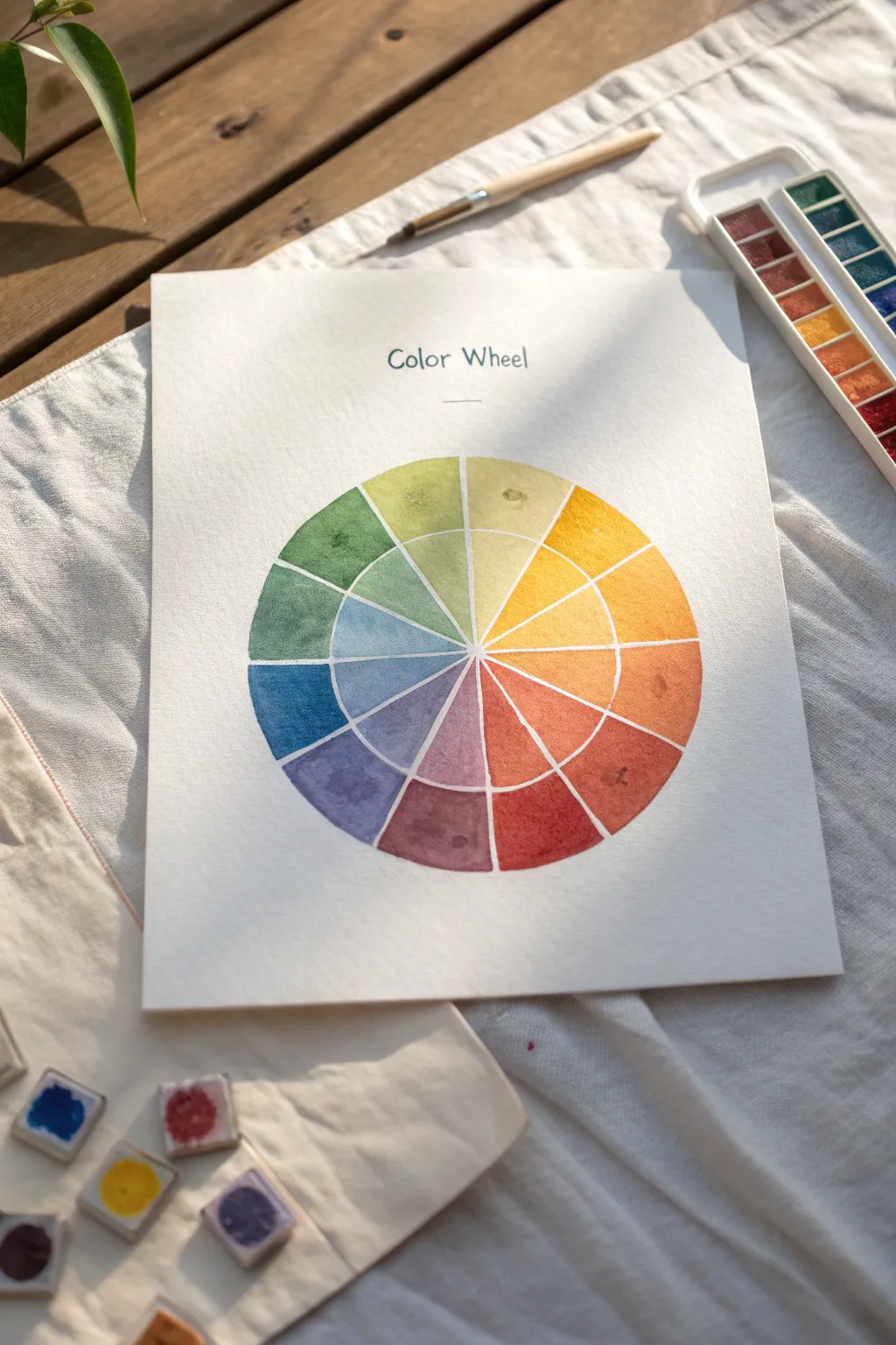 Labeled watercolor color wheel showing primary, secondary, and tertiary hues with mix swatches