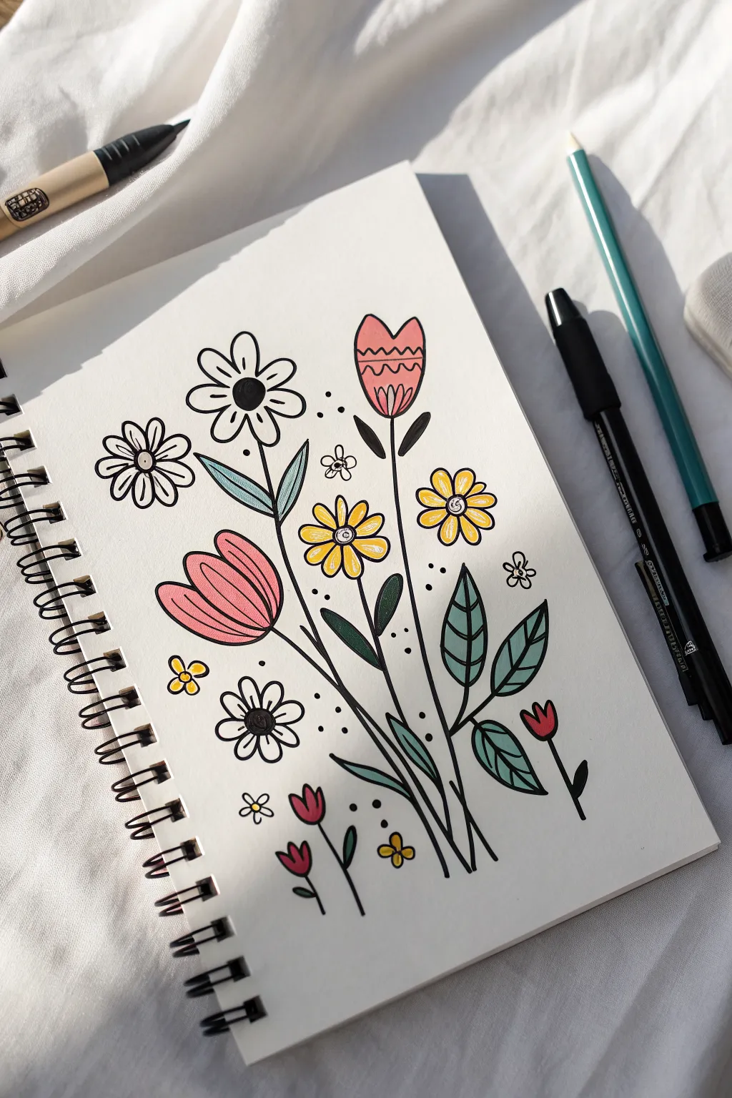 Cute bold-color doodle flowers on crisp white paper, easy minimalist drawing inspiration.
