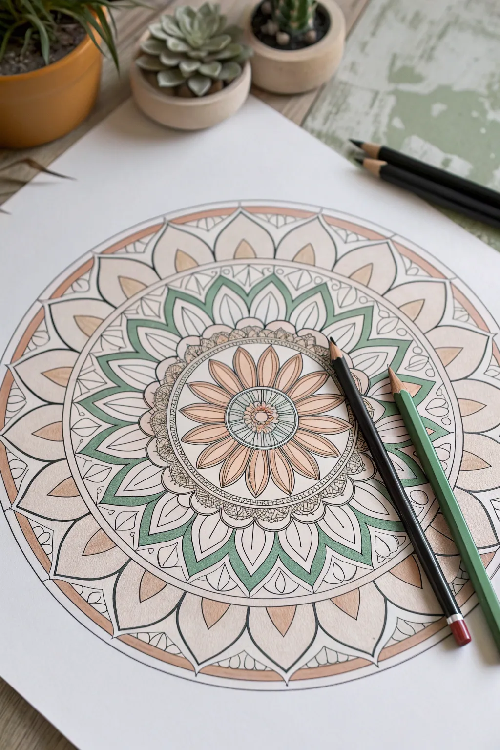 Intricate mandala in calm earthy tones, crisp lines and soft shading for mindful coloring