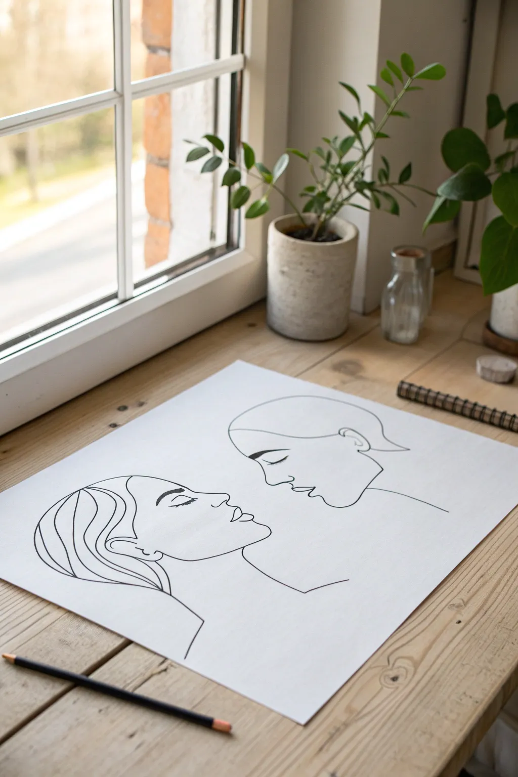 Draw connection with one unbroken line: two faces sharing a single elegant contour.