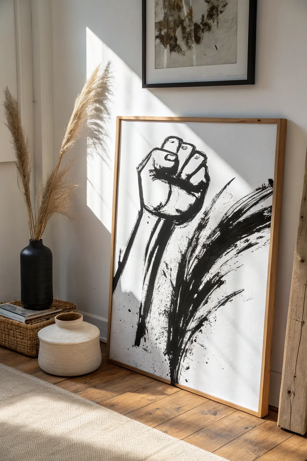 Bold black gestures on crisp white canvas, a minimalist statement for contemporary painting.