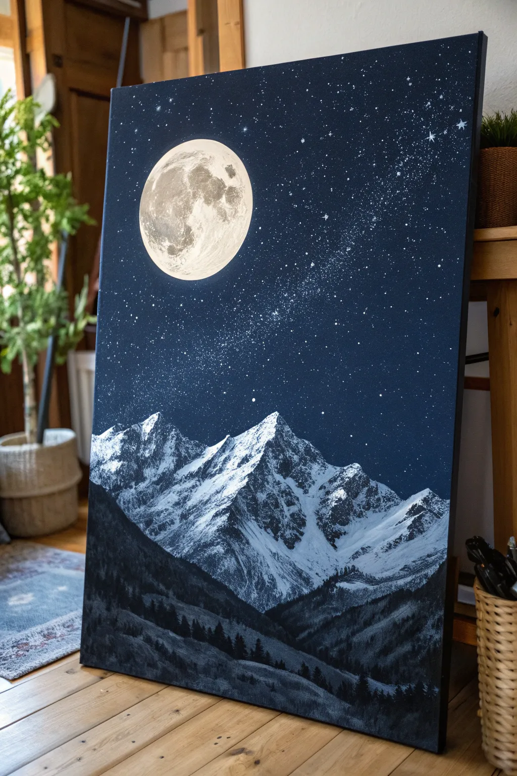 Moonlit deep navy mountain canvas with a crisp white moon glow and tiny stars, calm and rugged.