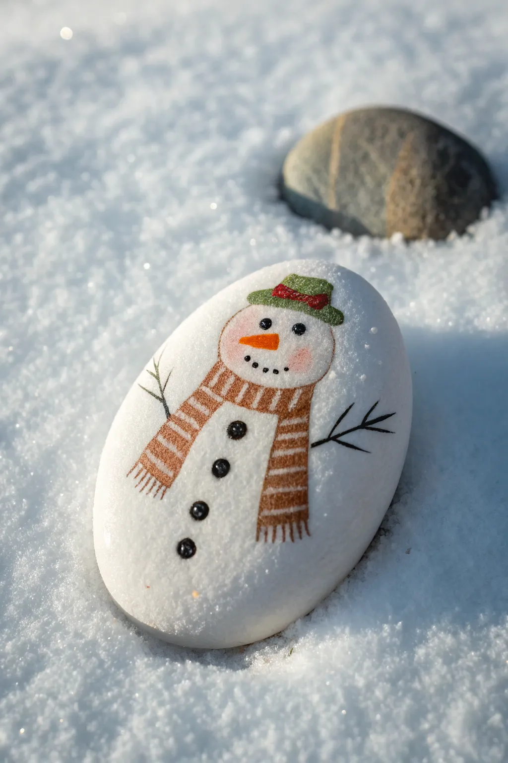 Cozy snowman rock with striped scarf and coal buttons, minimalist Christmas craft inspiration