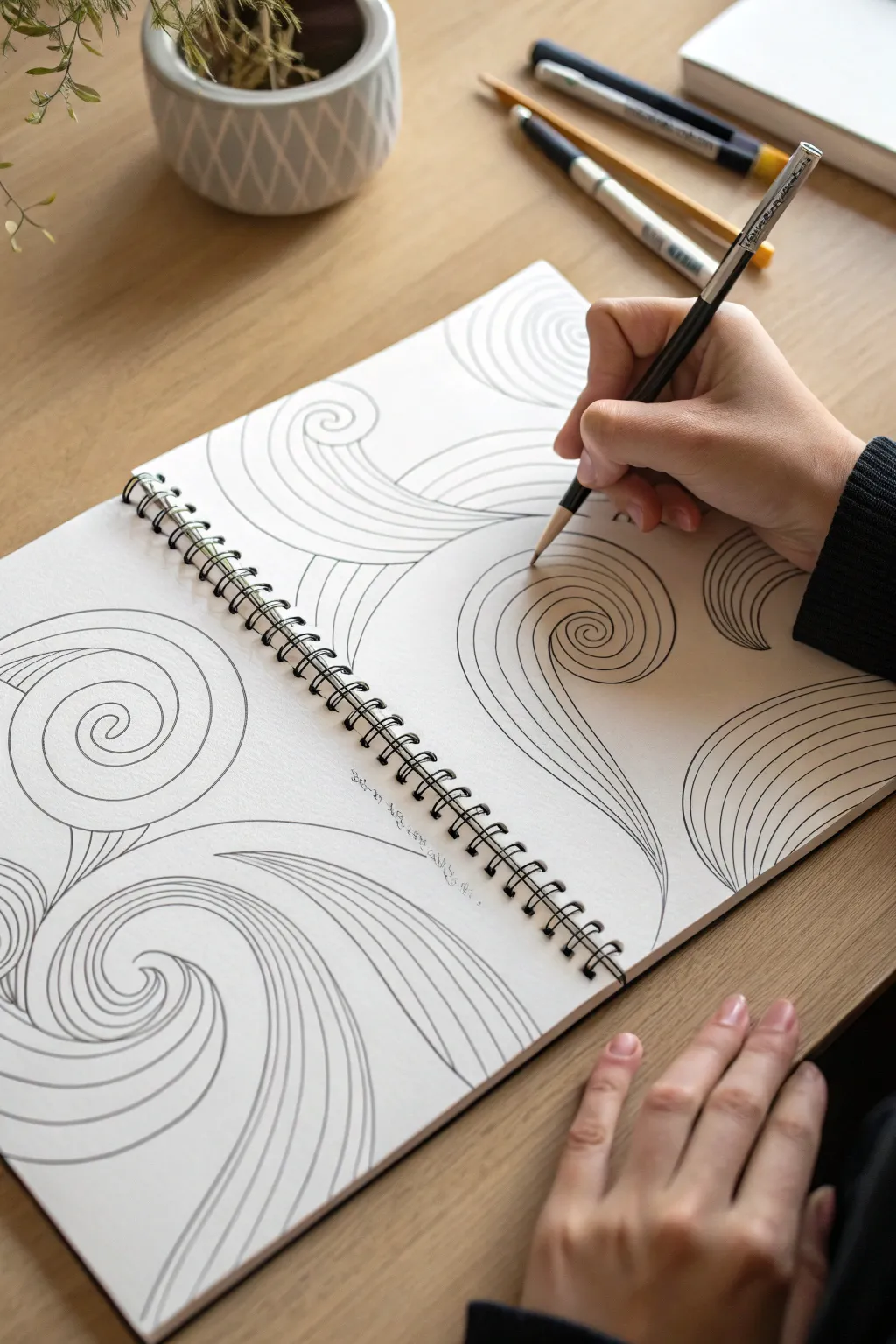 Spiral waves shift into op-art ribbons in clean black ink, with soft gradients and bold contrast.