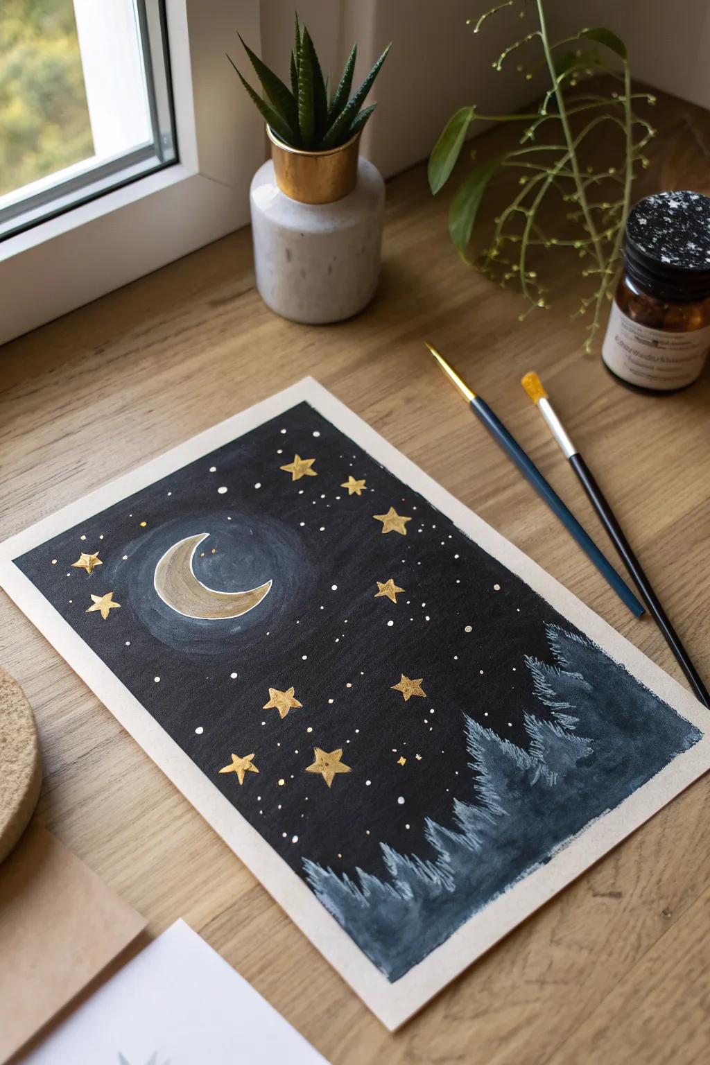 Starry night oil pastel on black paper with tiny bright stars and a soft moon glow