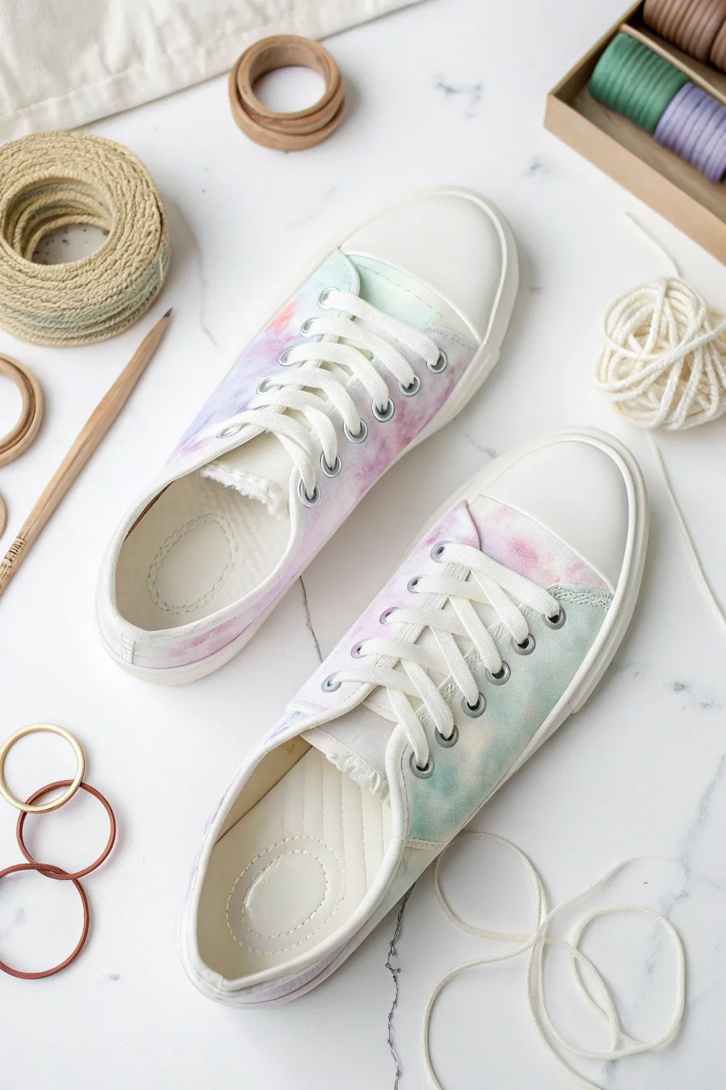 Classic tie-dye swirl canvas shoes in soft pastel tones, styled on a bright minimalist workspace