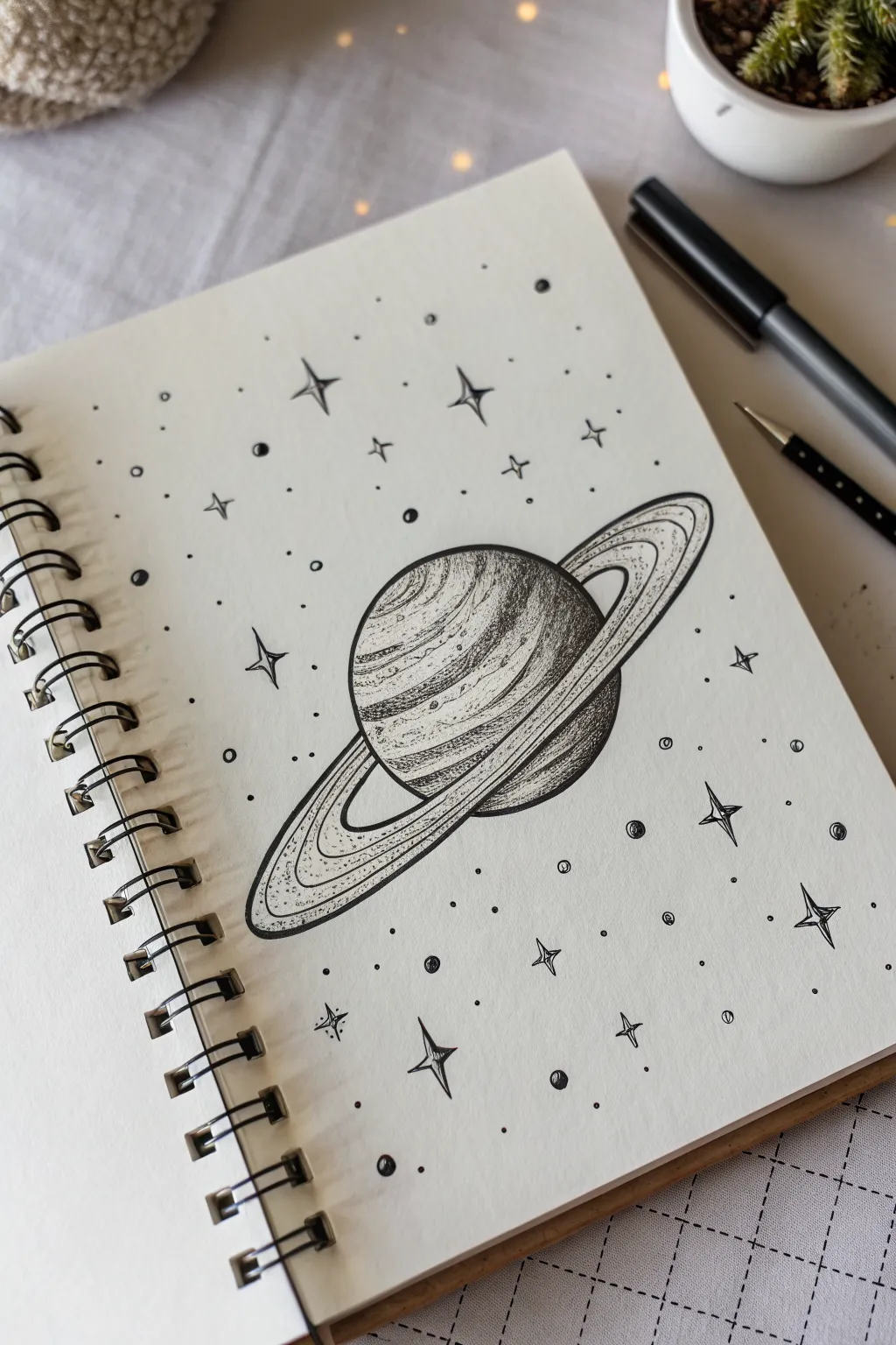 Bold shaded ringed planet with a crisp ellipse ring and minimal star field for dramatic space mood.