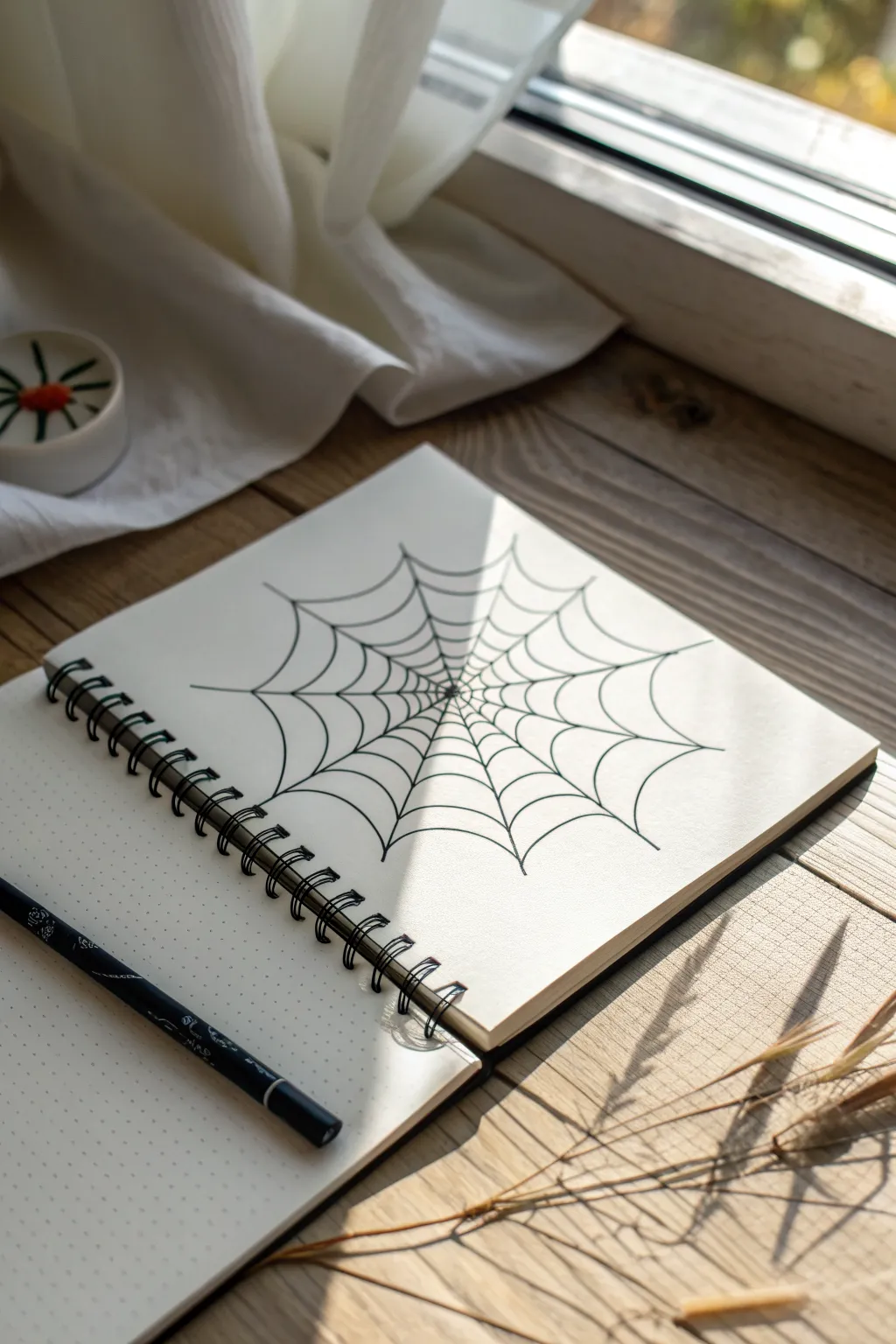 Simple corner spider web sketch with clean arcs and crisp lines for a minimalist page frame