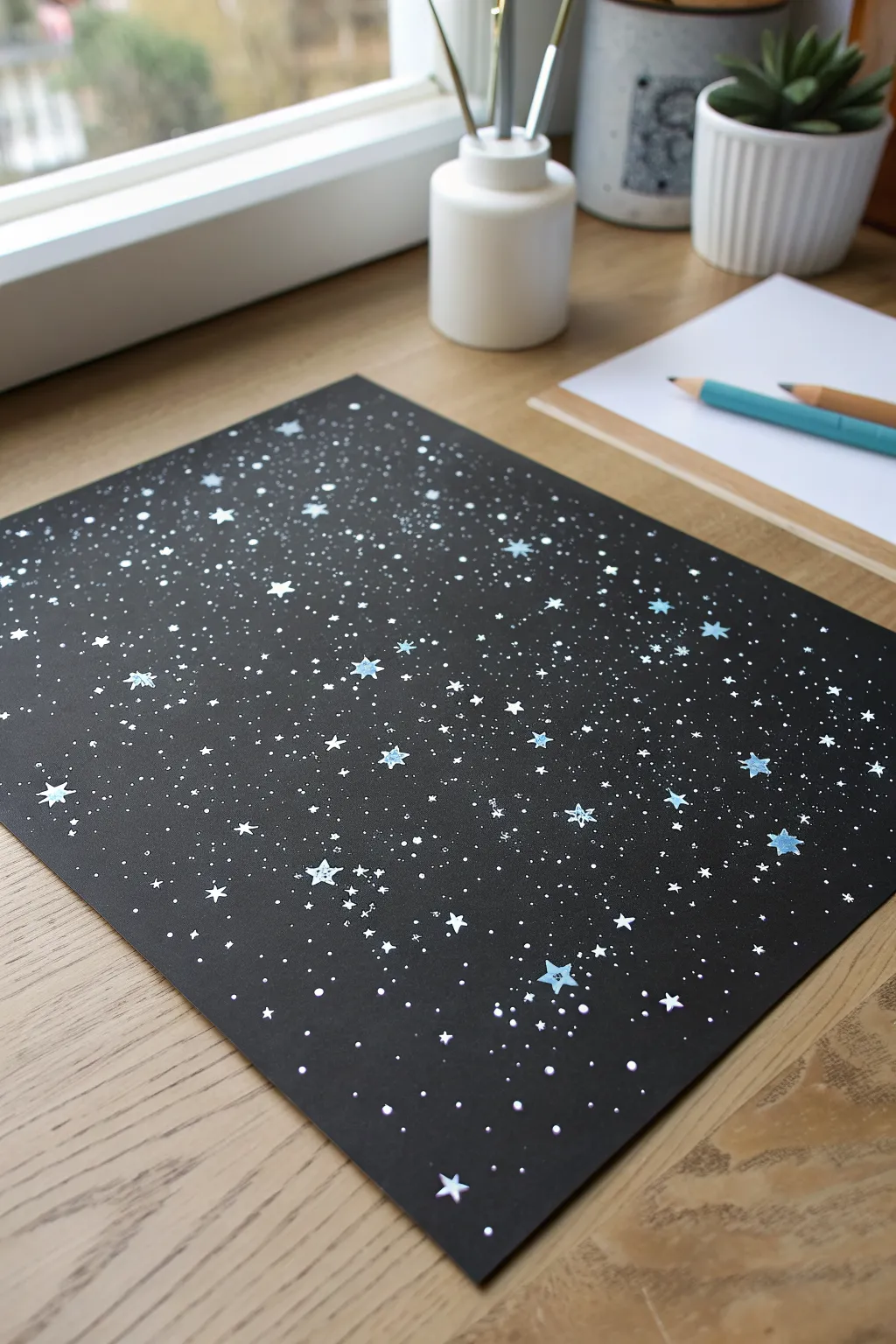 Toothbrush mist splatter turns dark paper into an easy, dreamy starry night sky effect.
