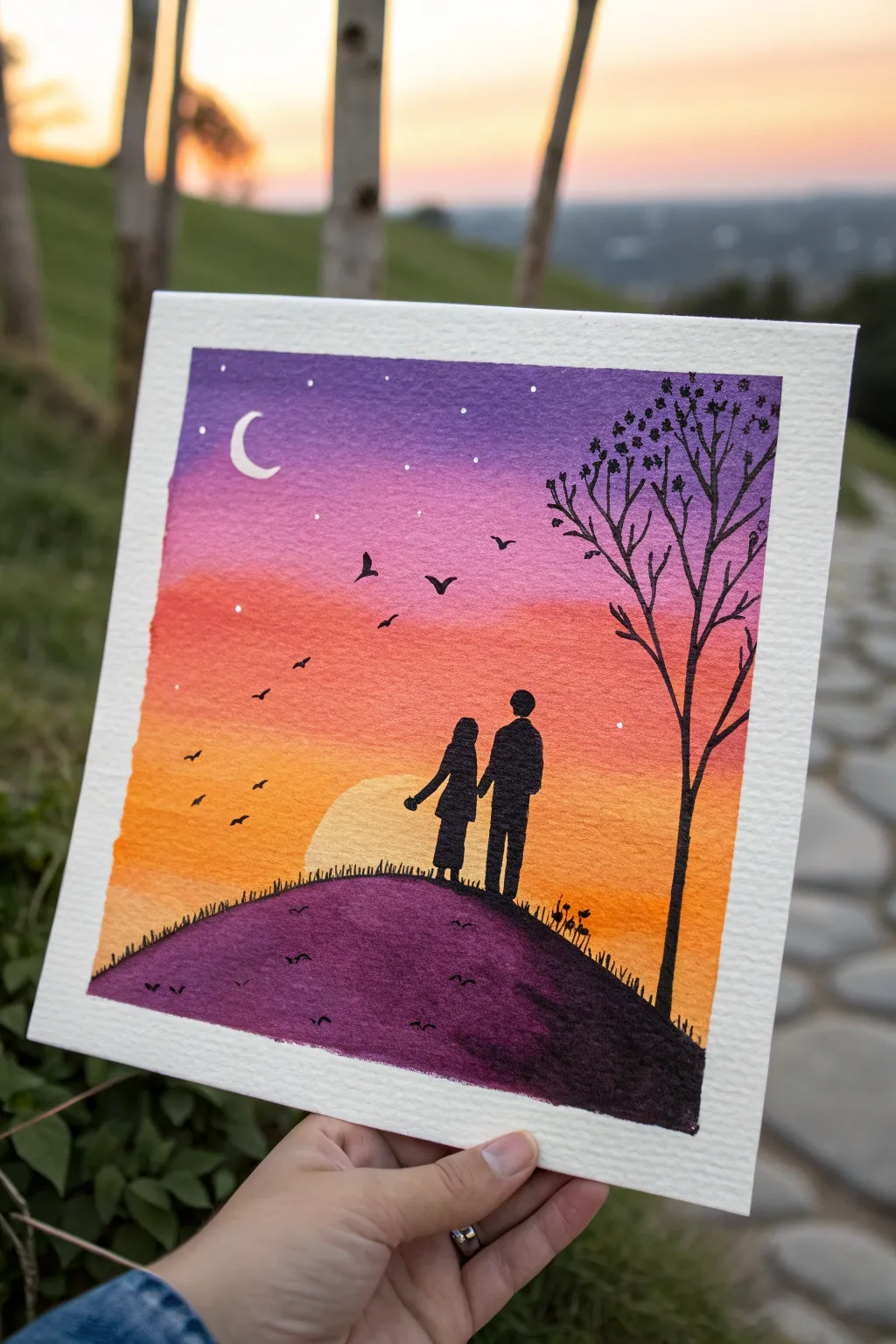Minimal cartoon couple silhouette holding hands against a dreamy orange to purple sunset gradient.