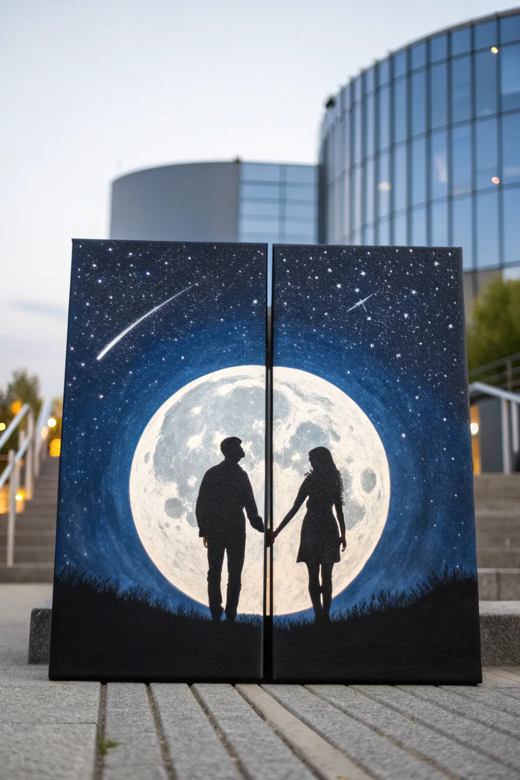 Moonlit couple silhouette diptych with glowing full moon and starry sky, simple and romantic