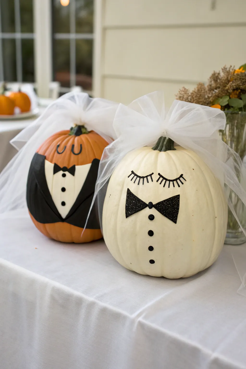Paint tux and veil pumpkins for a sweet minimalist fall couple centerpiece with boho charm.