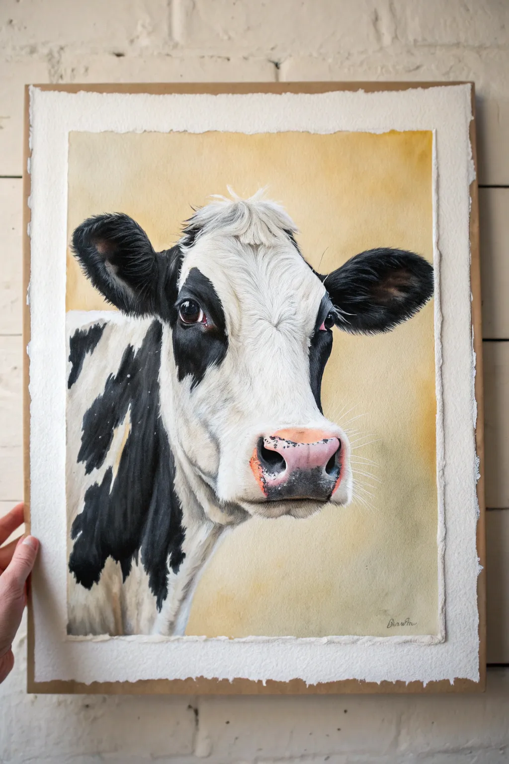 Minimalist Holstein close-up with bold black spots and a soft pink nose on a clean backdrop.