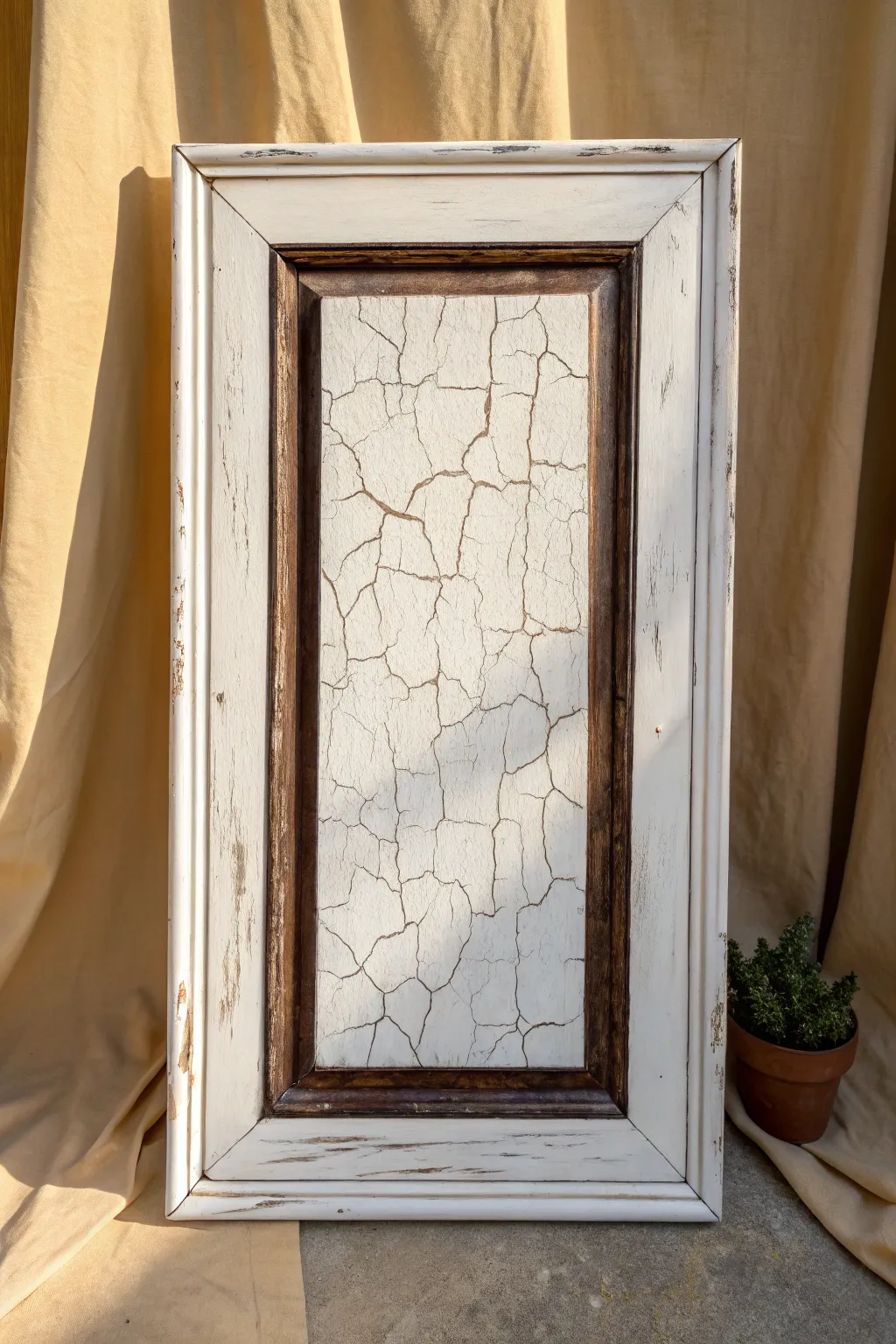 White crackle over a dark base brings antique charm with crisp contrast and minimalist beauty.