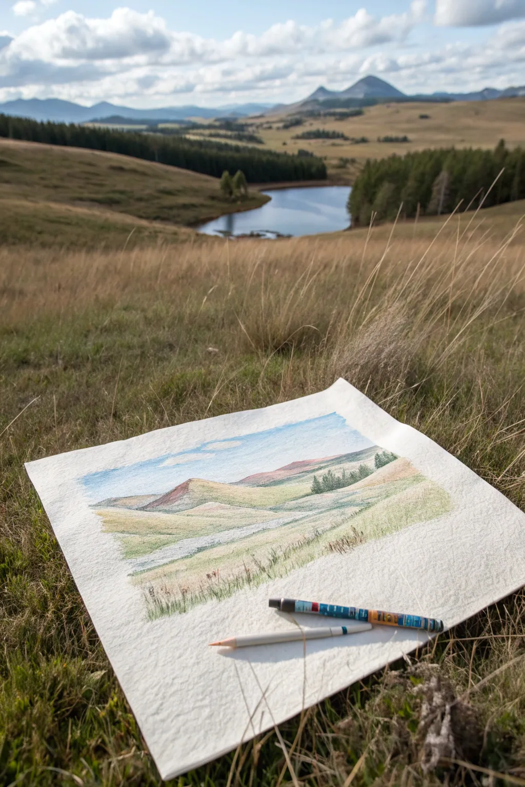 Layered crayon landscape texture with soft hills, lake, and sky for easy cozy inspiration.