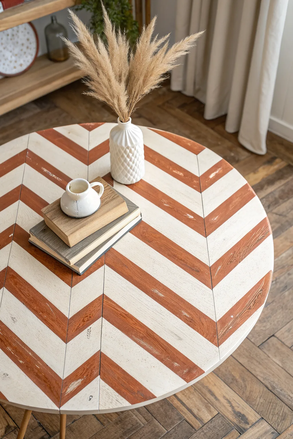 Classic chevron DIY tabletop in earthy neutrals with minimalist Scandi-boho styling