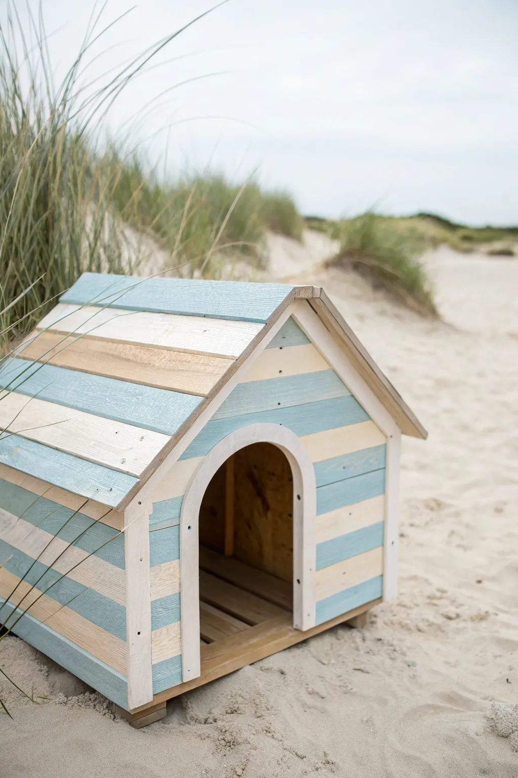 Breezy pale blue and white stripes turn a simple dog house into a coastal minimalist dream.
