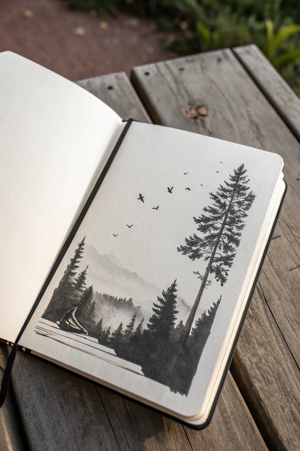 Double exposure silhouette: minimalist ink profile filled with a dreamy forest scene