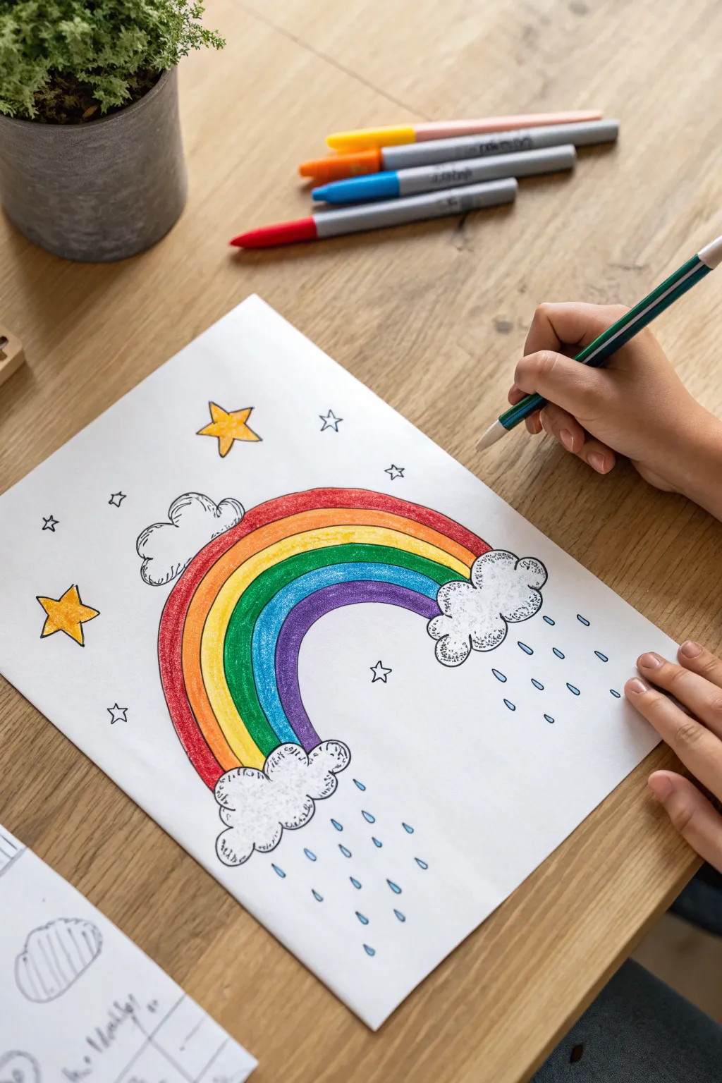 Bright rainbow over puffy clouds with raindrops and stars, a simple kid-friendly drawing idea