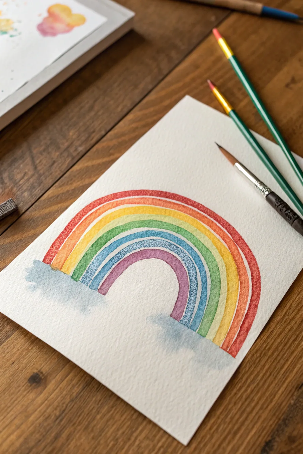 Soft gradient rainbow arc with dreamy blended transitions, minimalist and calming on textured paper