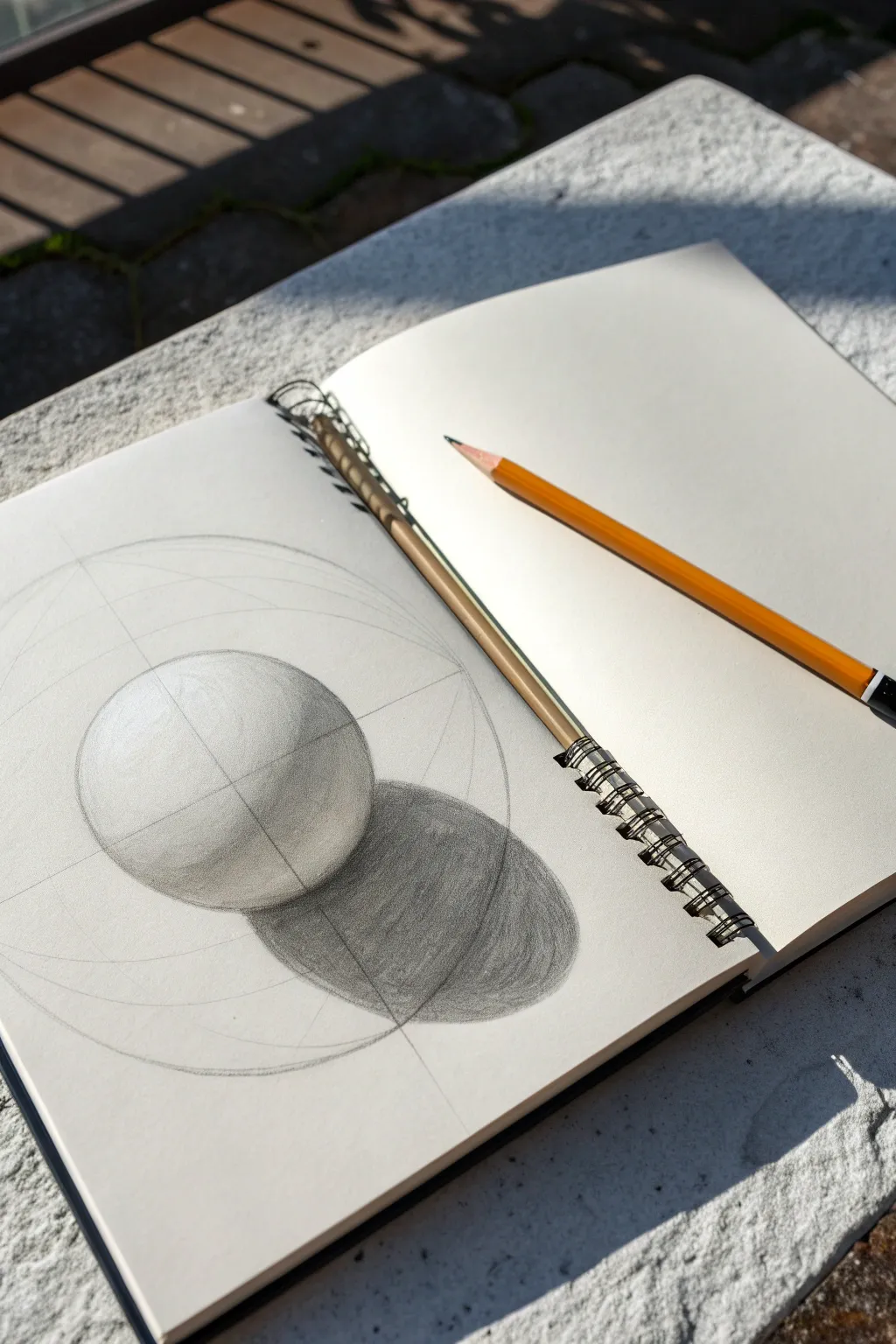 Cross-hatched sphere study with crisp highlight, core shadow, and a bold cast shadow