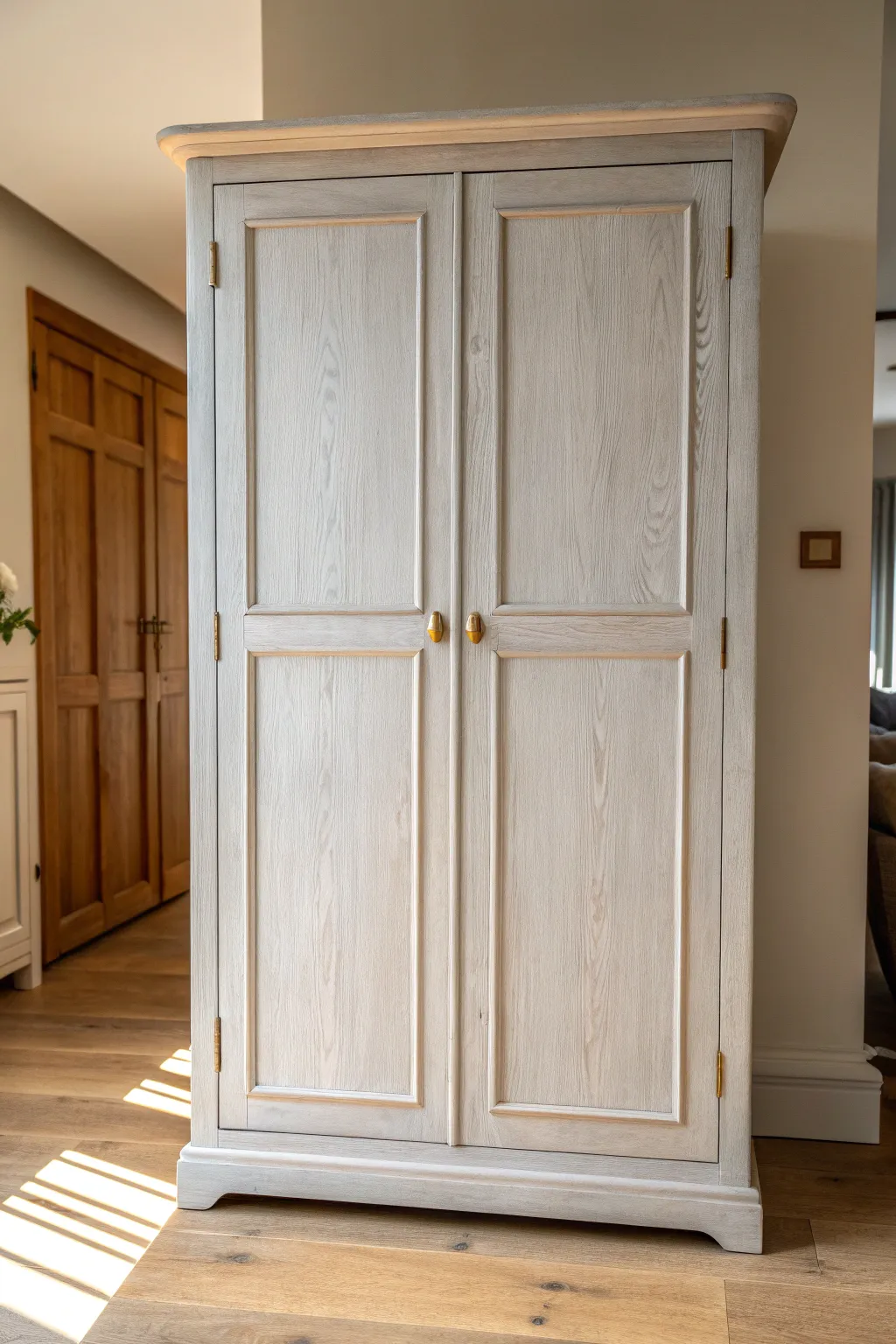 Soft greige light gray cupboards look serene in natural light with warm wood tones