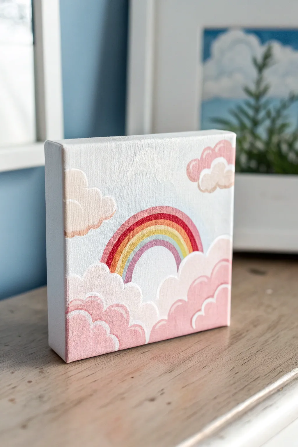 Tiny rainbow acrylic on cotton-candy clouds, minimalist boho palette on a pale blue sky